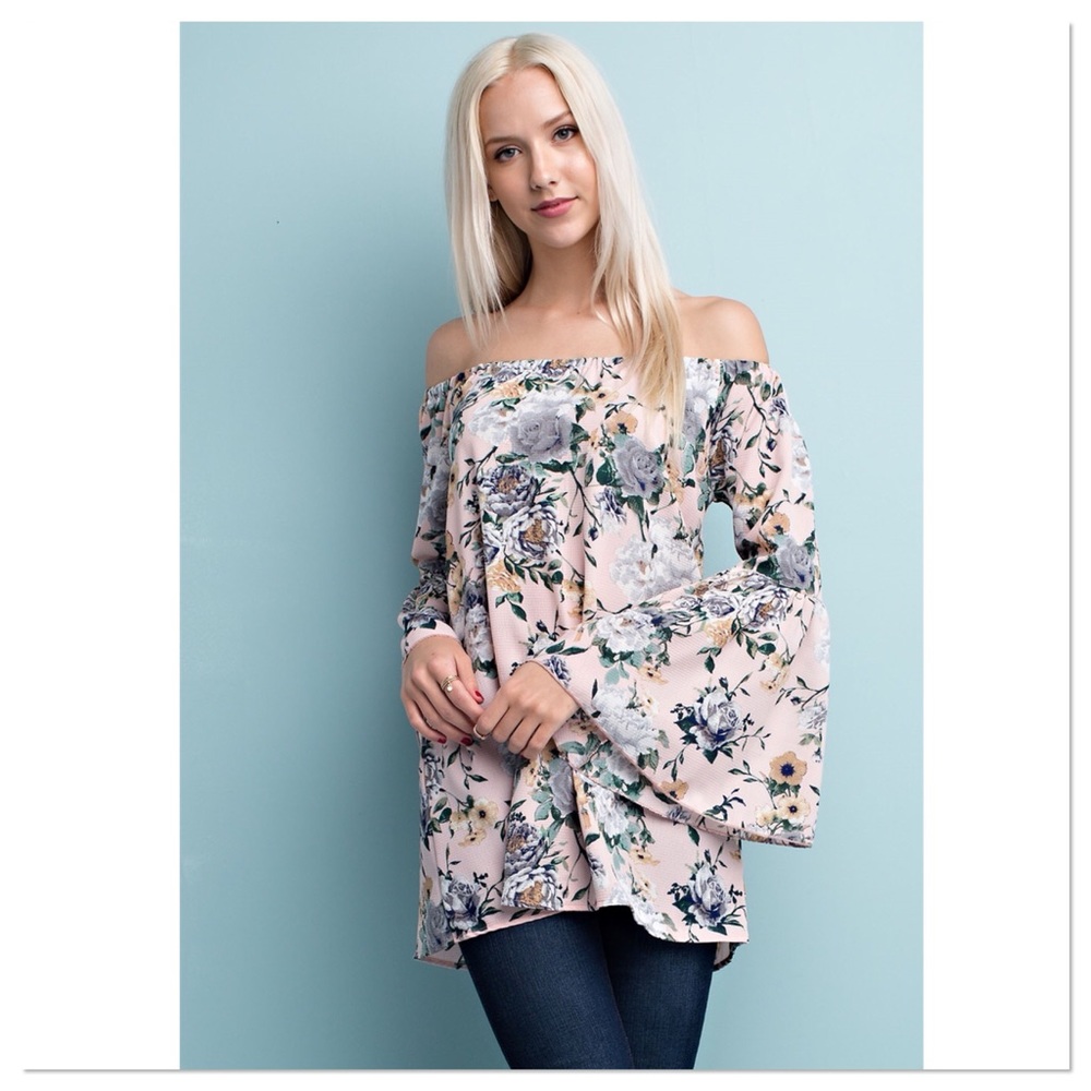 π¨ SALE! Blush Floral Off Shoulder Bell Sleeve Top - Picture 2 of 4